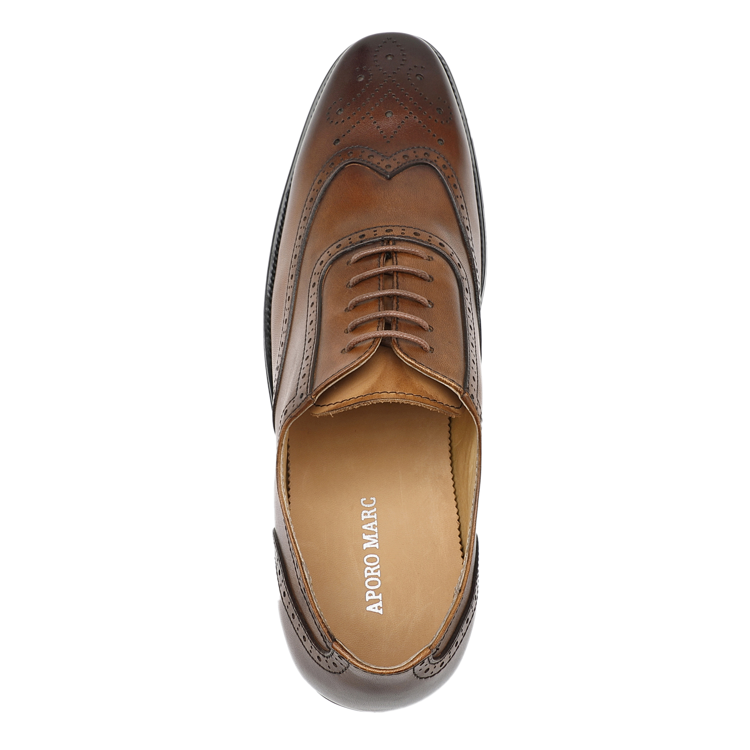 APORO MARC Men's Brown Hand Burnished Wingtip Brogue Oxford Leather Shoes