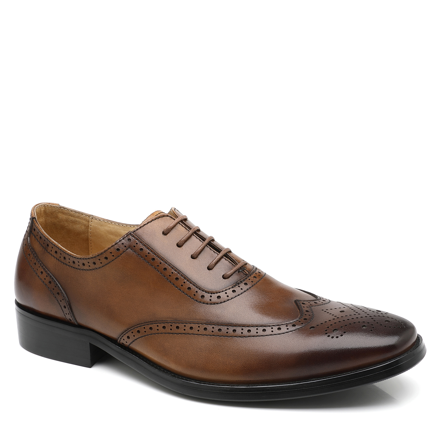 APORO MARC Men's Brown Hand Burnished Wingtip Brogue Oxford Leather Shoes