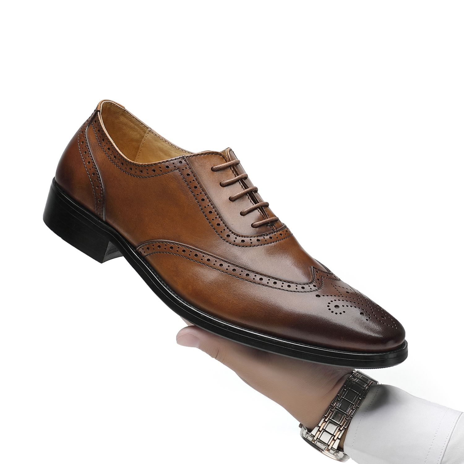 APORO MARC Men's Brown Hand Burnished Wingtip Brogue Oxford Leather Shoes