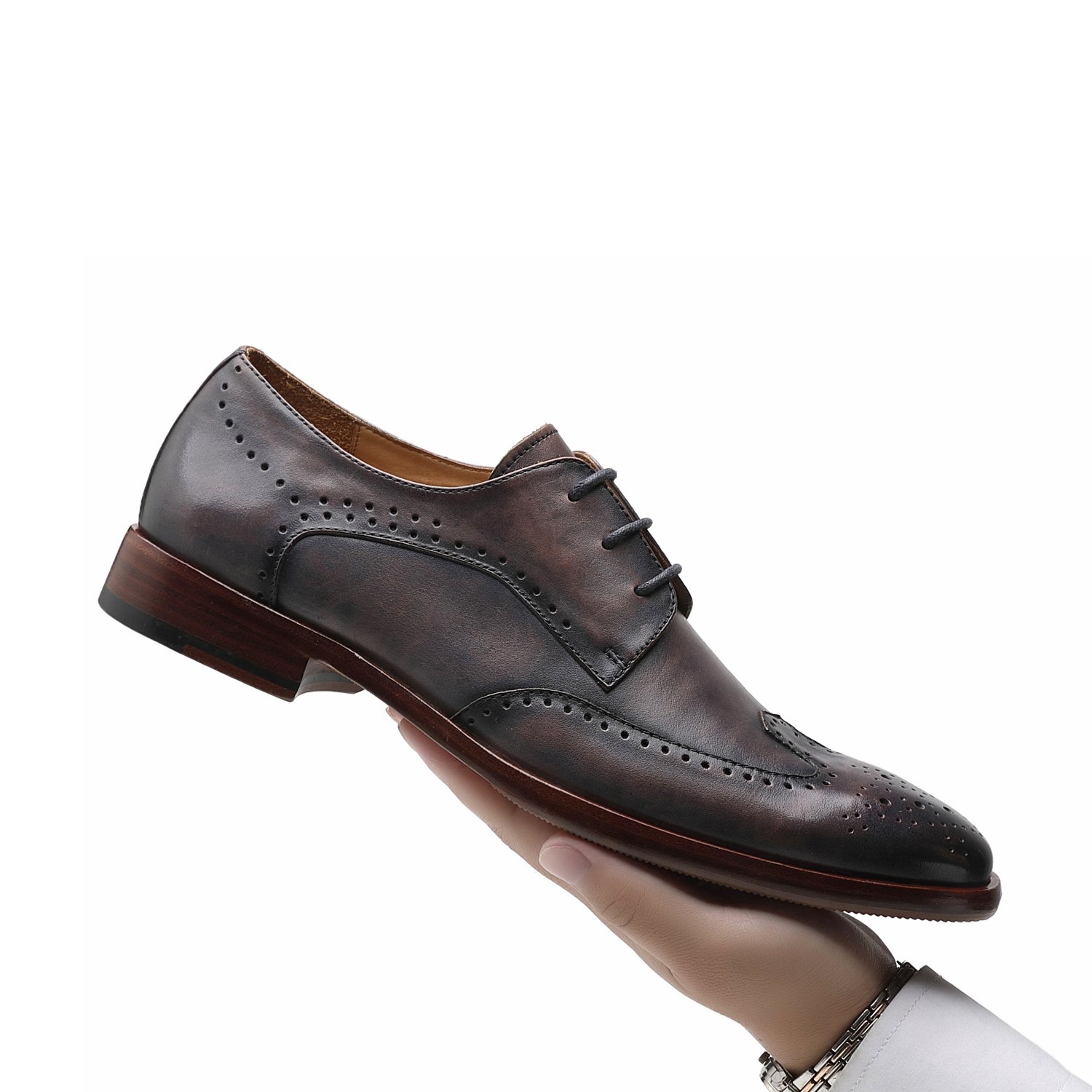 APORO MARC Taupe Brown Adelaide Oxford Dress Shoes in Hand Burnished Leather for Men