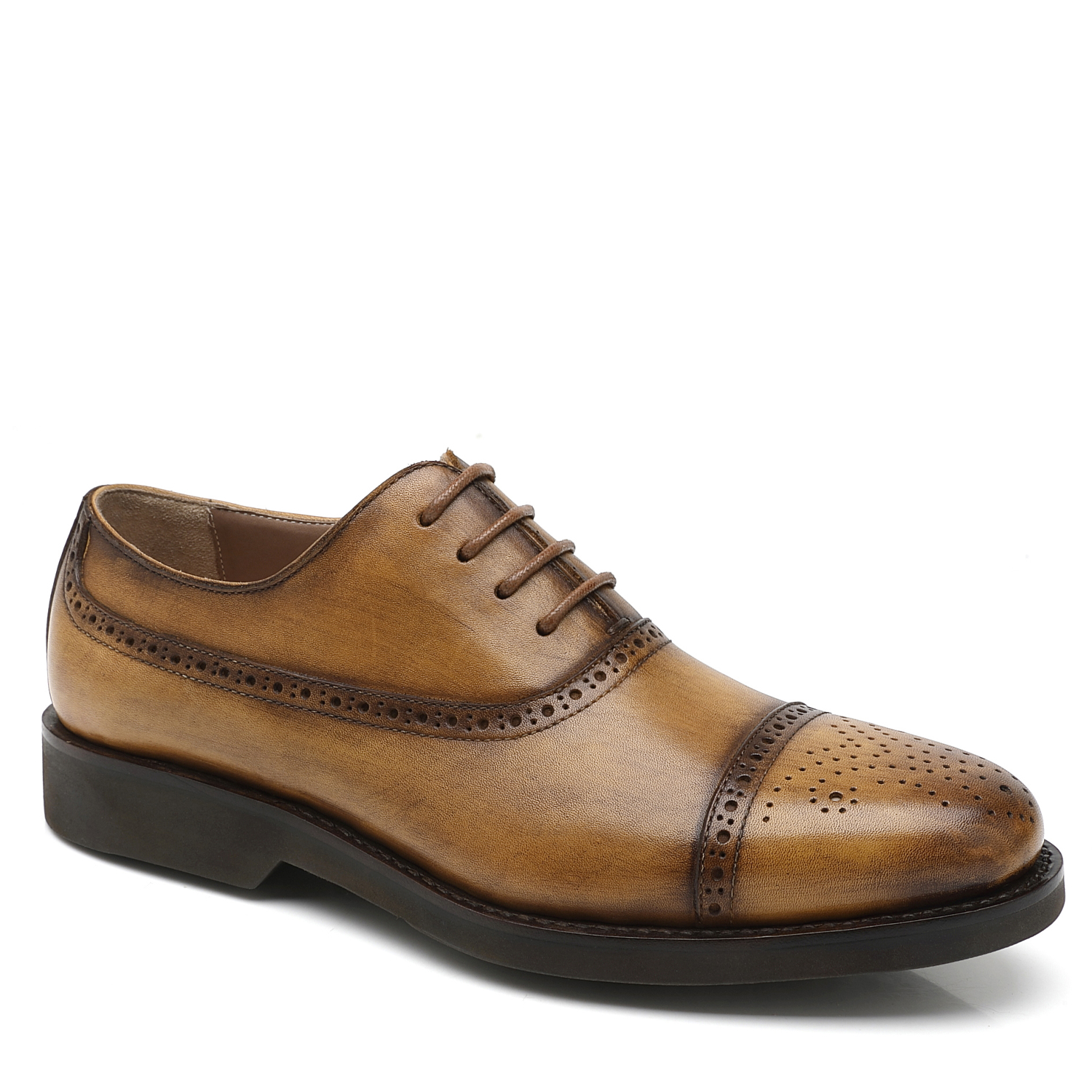 APORO MARC Men's Patina Tan Cap Toe Brogue Oxford Shoes
