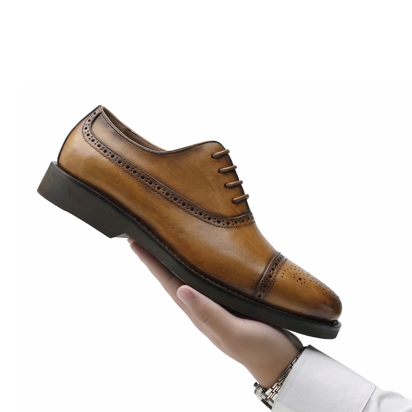 APORO MARC Men's Patina Tan Cap Toe Brogue Oxford Shoes
