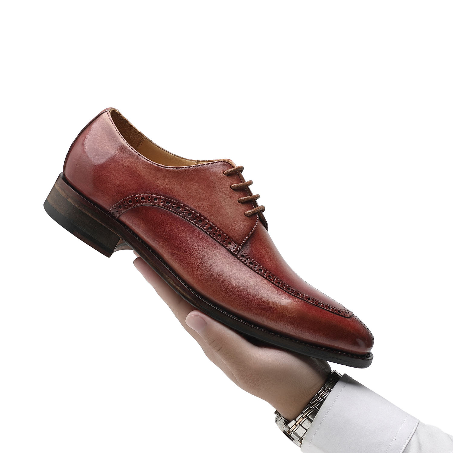 APORO MARC Men's Burgundy Hand Patina Semi Brogue Oxford Dress Shoes