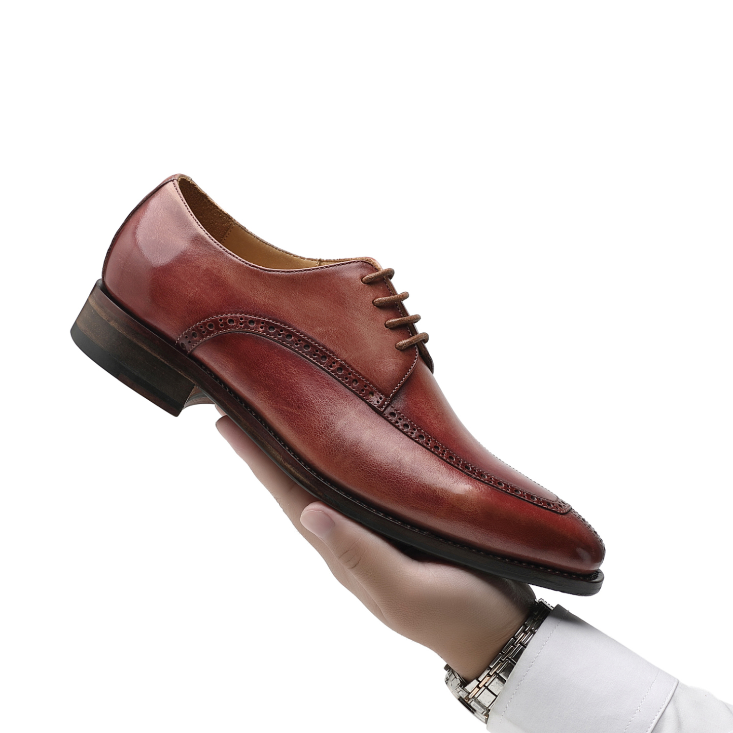 APORO MARC Men's Burgundy Hand Patina Semi Brogue Oxford Dress Shoes