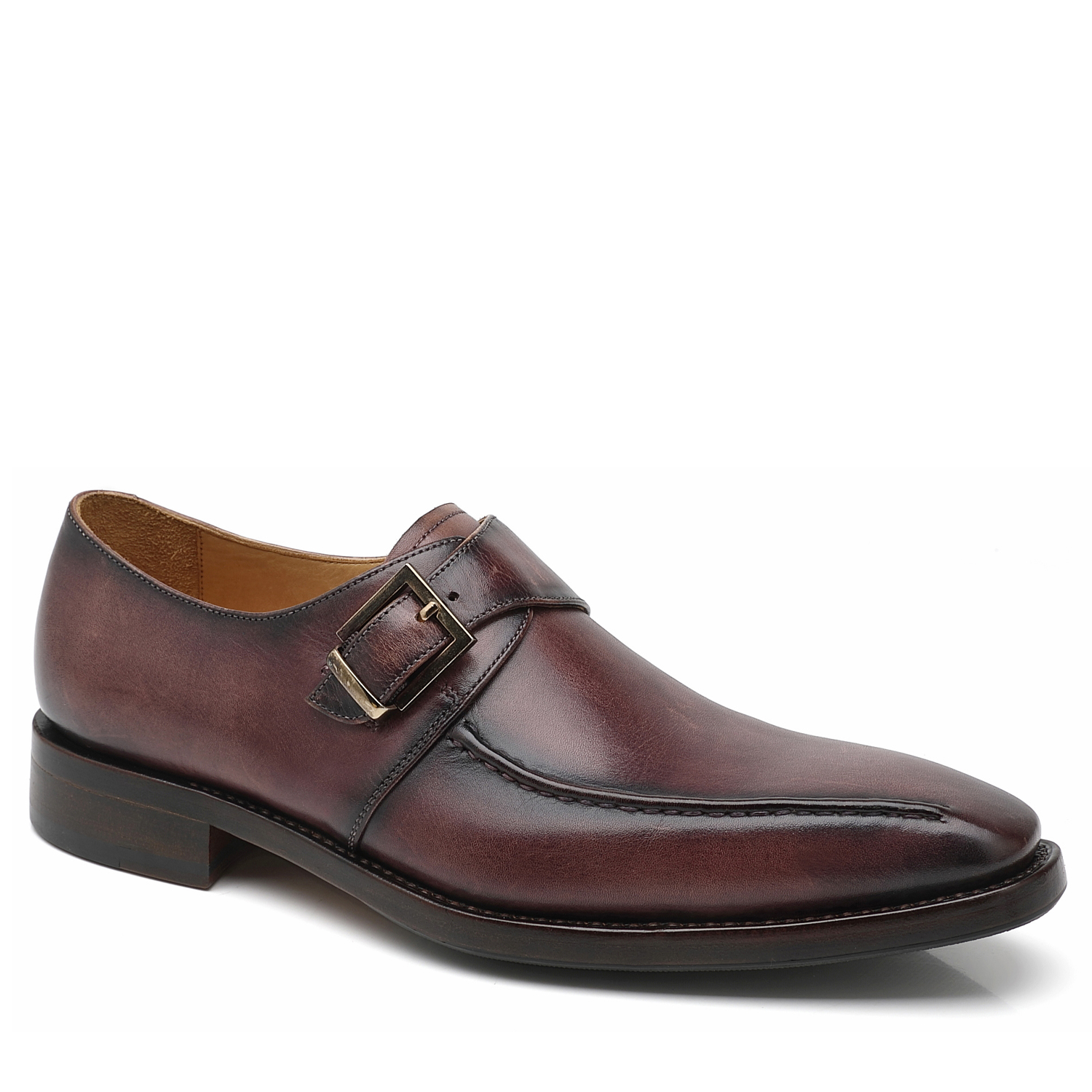 APORO MARC Dark Brown Hand Patina Single Monk Strap Leather Shoes for Men
