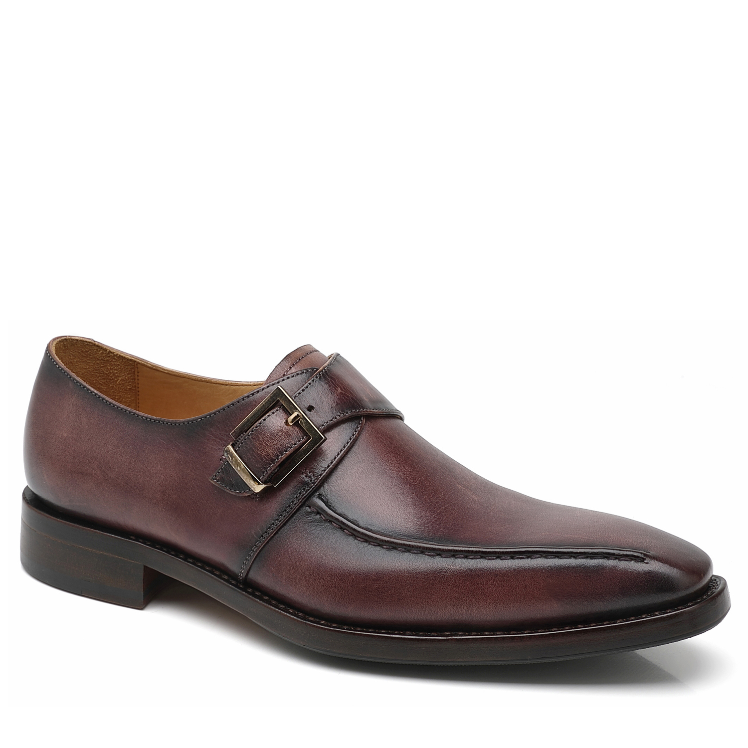 APORO MARC Dark Brown Hand Patina Single Monk Strap Leather Shoes for Men