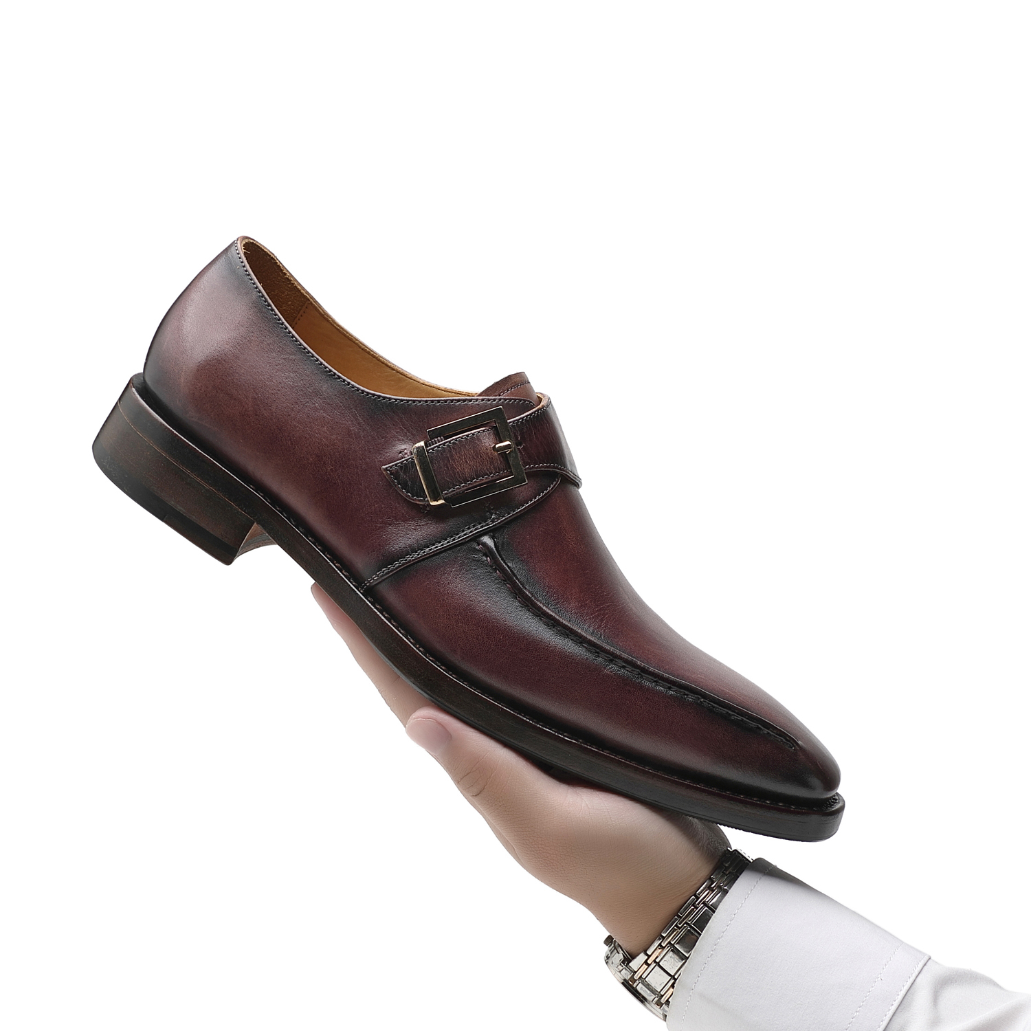 APORO MARC Dark Brown Hand Patina Single Monk Strap Leather Shoes for Men