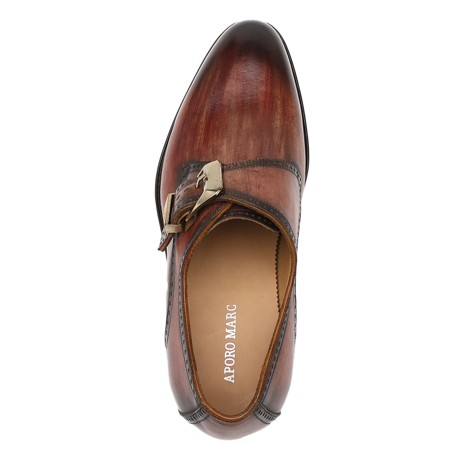 APORO MARC Men's Brown Hand Patina Brogue Single Monk Strap Dress Shoes