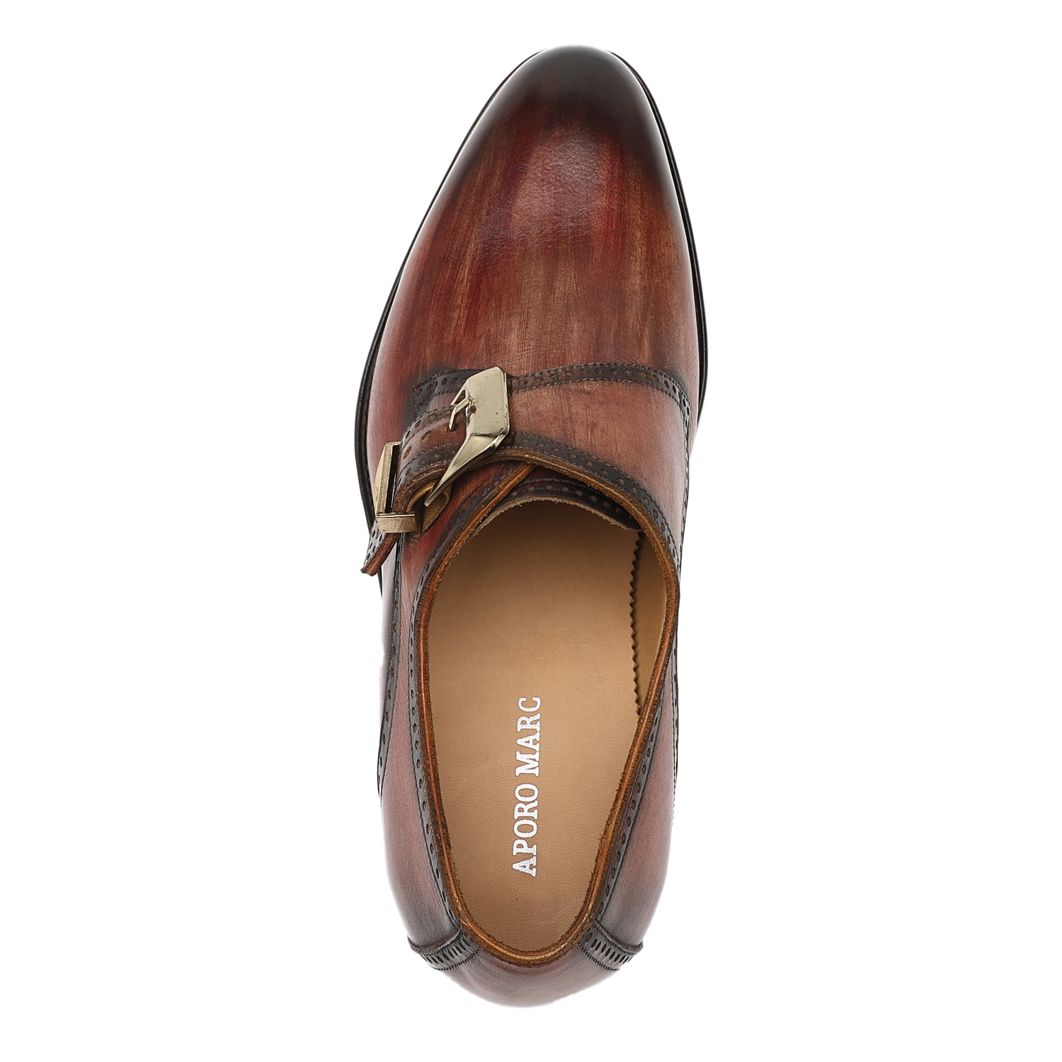 APORO MARC Men's Brown Hand Patina Brogue Single Monk Strap Dress Shoes