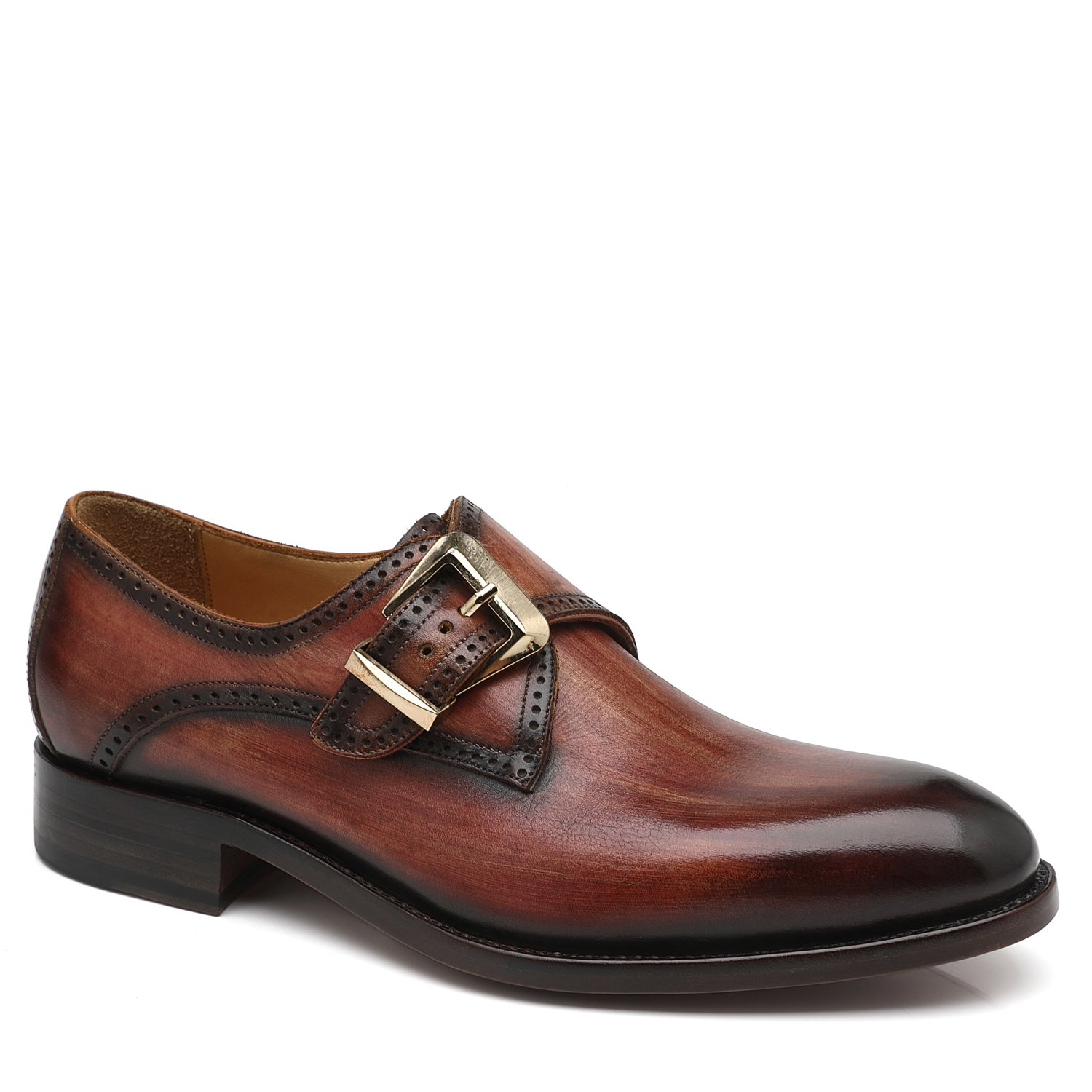APORO MARC Men's Brown Hand Patina Brogue Single Monk Strap Dress Shoes