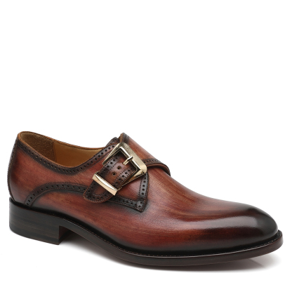 APORO MARC Men's Brown Hand Patina Brogue Single Monk Strap Dress Shoes