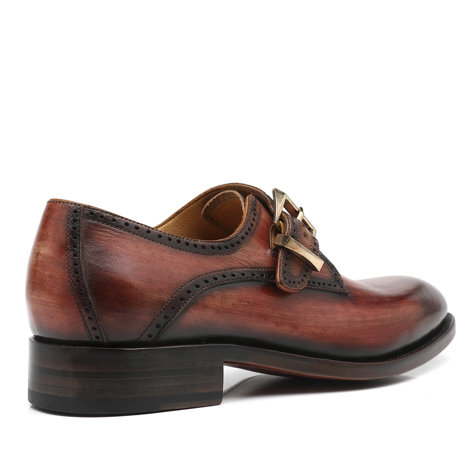APORO MARC Men's Brown Hand Patina Brogue Single Monk Strap Dress Shoes