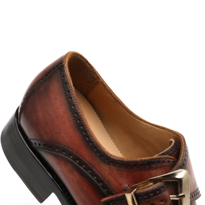 APORO MARC Men's Brown Hand Patina Brogue Single Monk Strap Dress Shoes