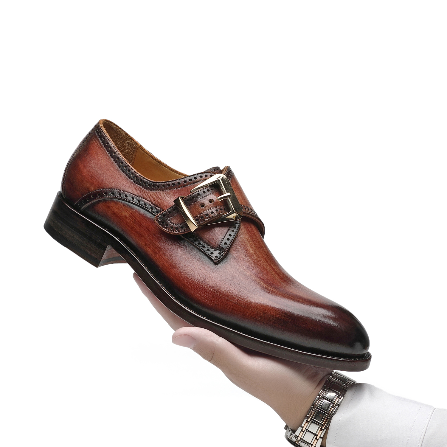 APORO MARC Men's Brown Hand Patina Brogue Single Monk Strap Dress Shoes