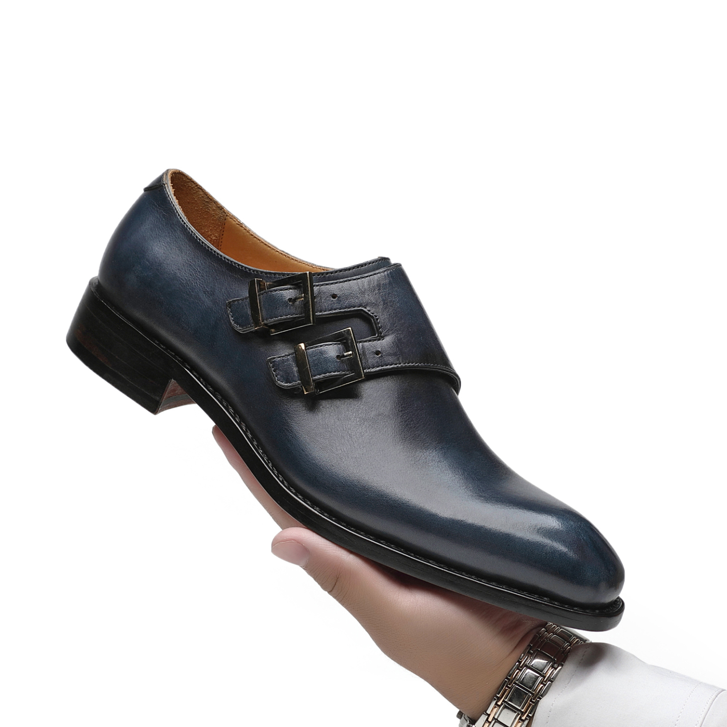 APORO MARC Navy Hand Patina Double Monk Strap Business Shoes for Men