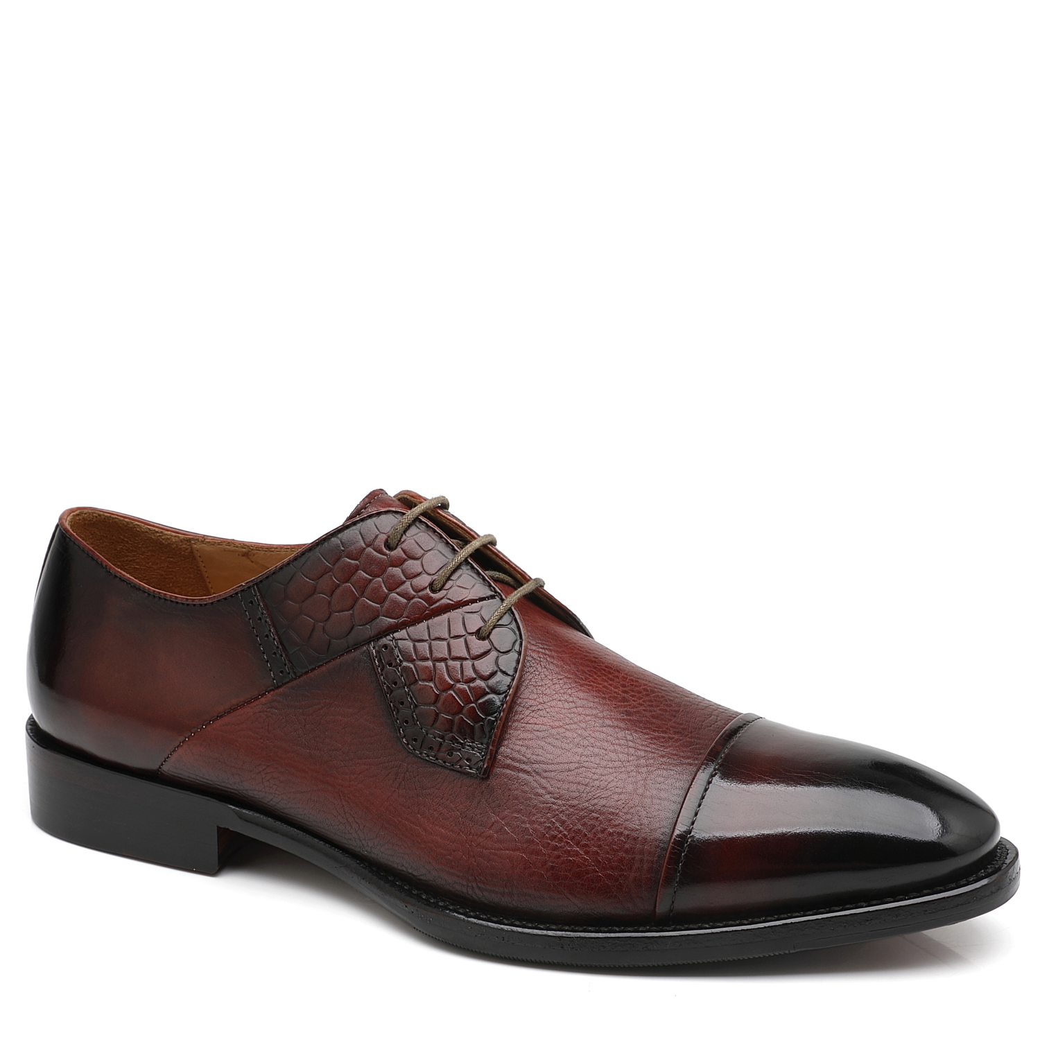 APORO MARC Burgundy Hand Patina Croc Embossed Cap Toe Oxford Shoes for Men