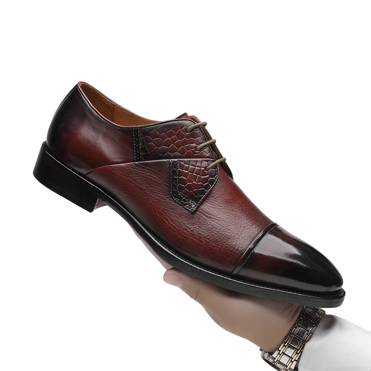 APORO MARC Burgundy Hand Patina Croc Embossed Cap Toe Oxford Shoes for Men
