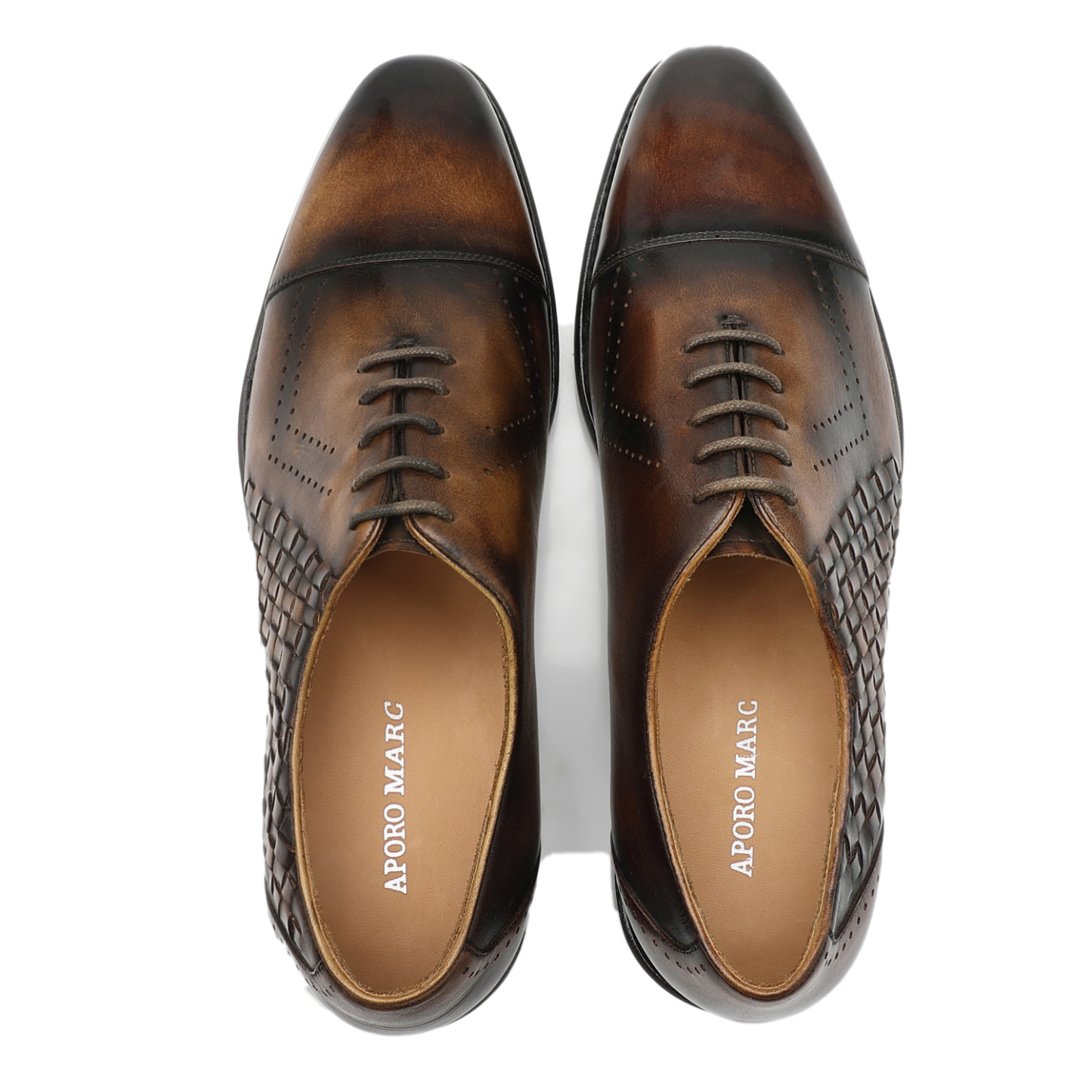 APORO MARC Men's Brown Hand Patina Woven Cap Toe Brogue Oxford Shoes