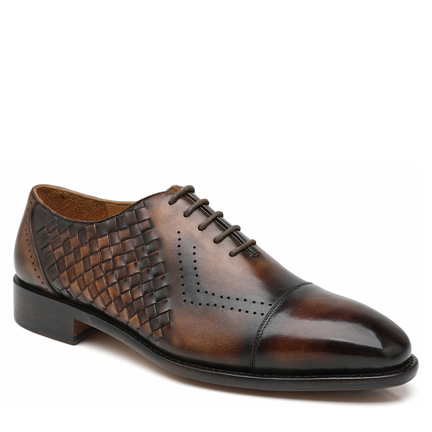 APORO MARC Men's Brown Hand Patina Woven Cap Toe Brogue Oxford Shoes