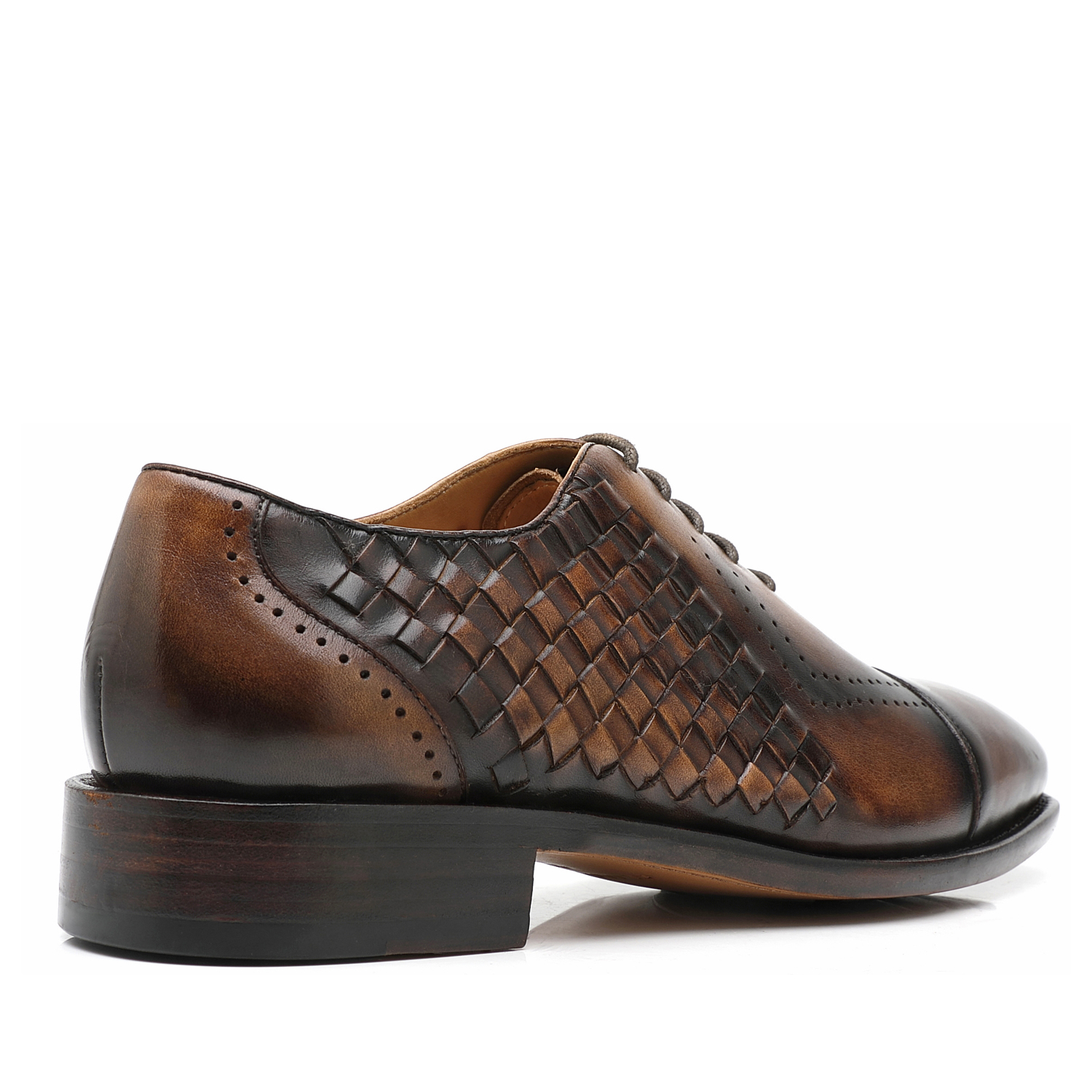APORO MARC Men's Brown Hand Patina Woven Cap Toe Brogue Oxford Shoes