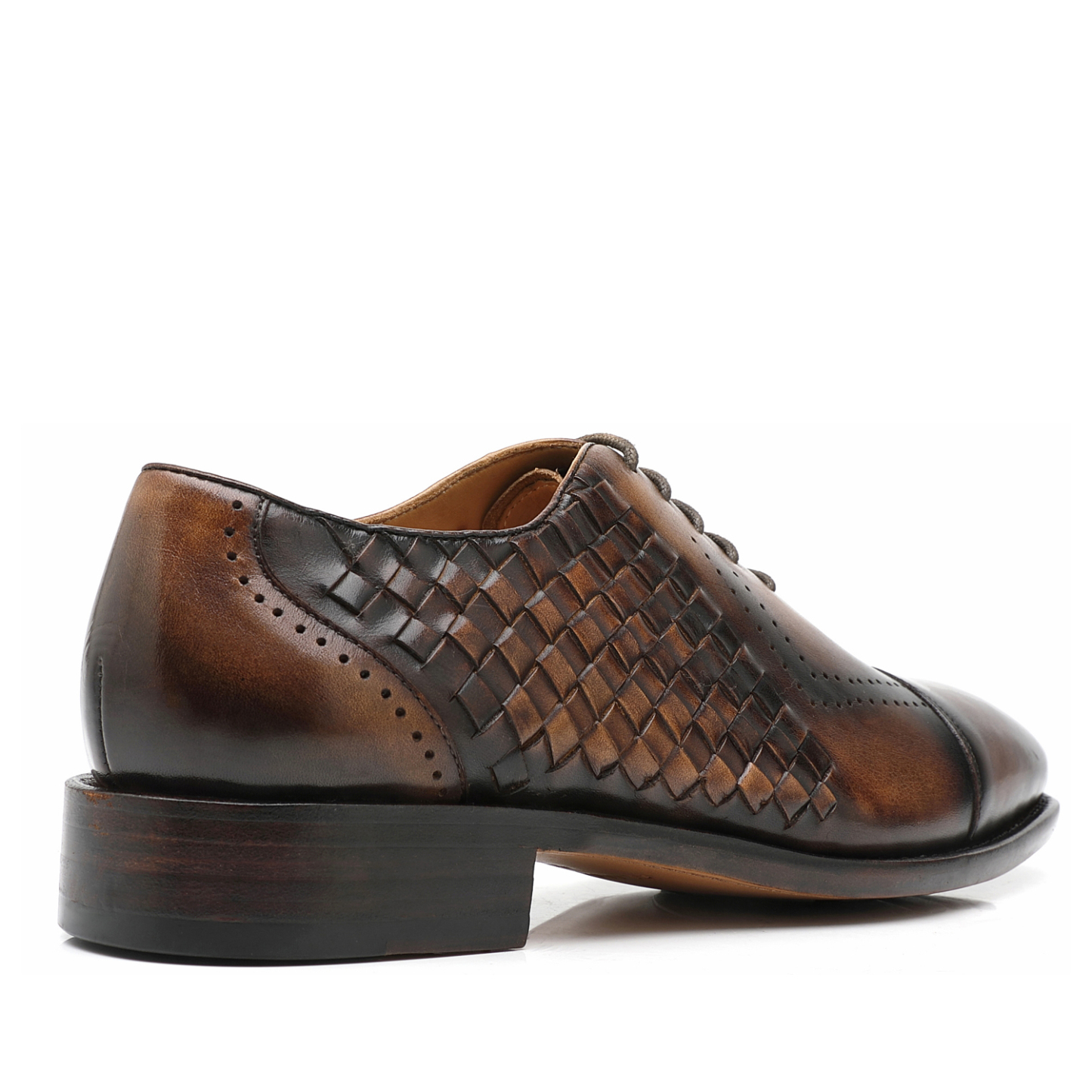 APORO MARC Men's Brown Hand Patina Woven Cap Toe Brogue Oxford Shoes