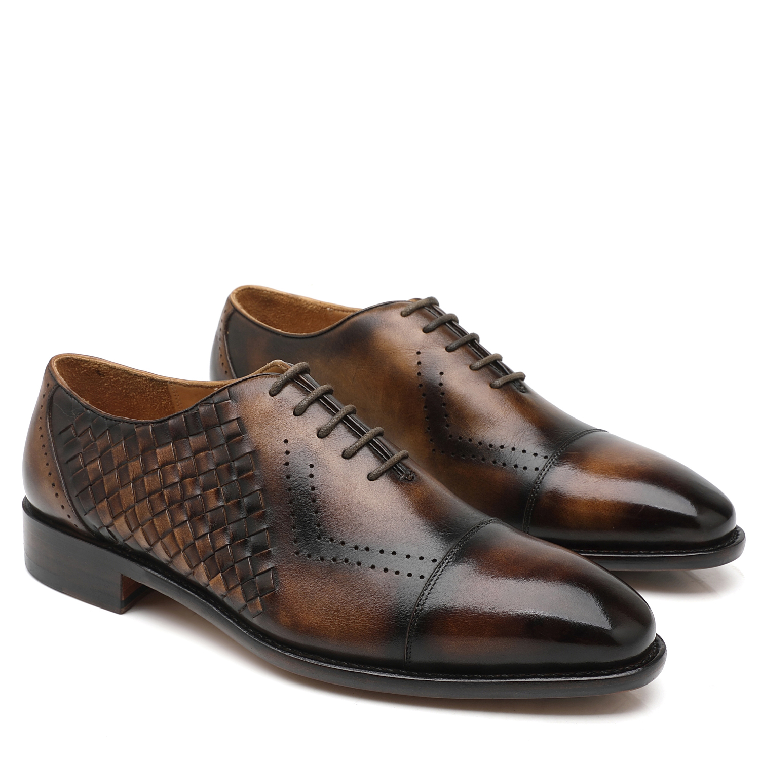 APORO MARC Men's Brown Hand Patina Woven Cap Toe Brogue Oxford Shoes
