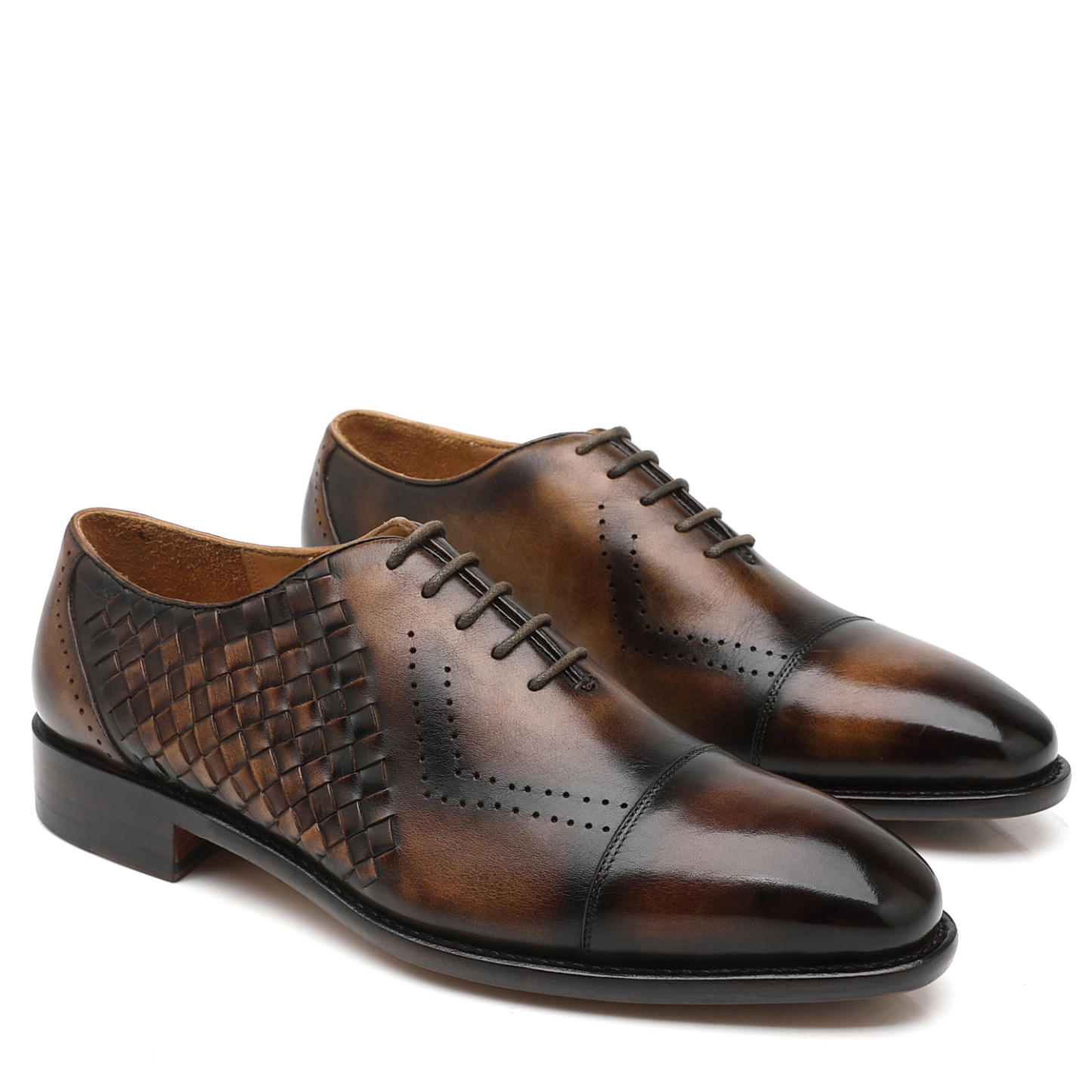 APORO MARC Men's Brown Hand Patina Woven Cap Toe Brogue Oxford Shoes