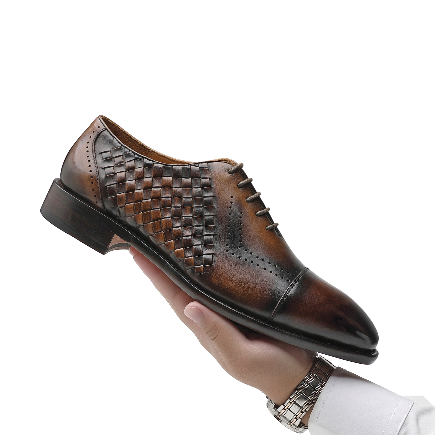 APORO MARC Men's Brown Hand Patina Woven Cap Toe Brogue Oxford Shoes