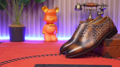 APORO MARC Men's Brown Hand Patina Woven Cap Toe Brogue Oxford Shoes