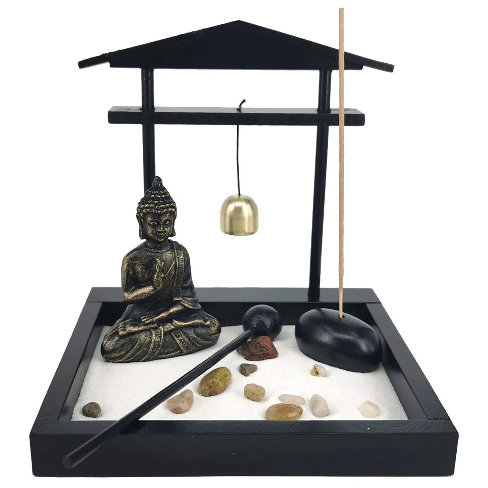 Desktop Zen Sand Garden Meditating Buddha Statue Mini Zen Garden Sand Tray Kit for Home Office Decor - Mood Moor