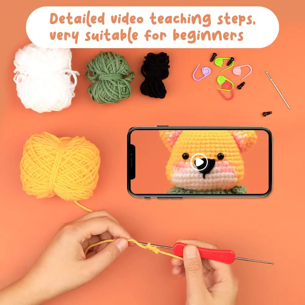 Fenrry Beginners Crochet Kit DIY Cute Dog Starter Pack With Yarn Balls Crochet Hooks Knitting Stitch Markers Needles Instruction - Mood Moor