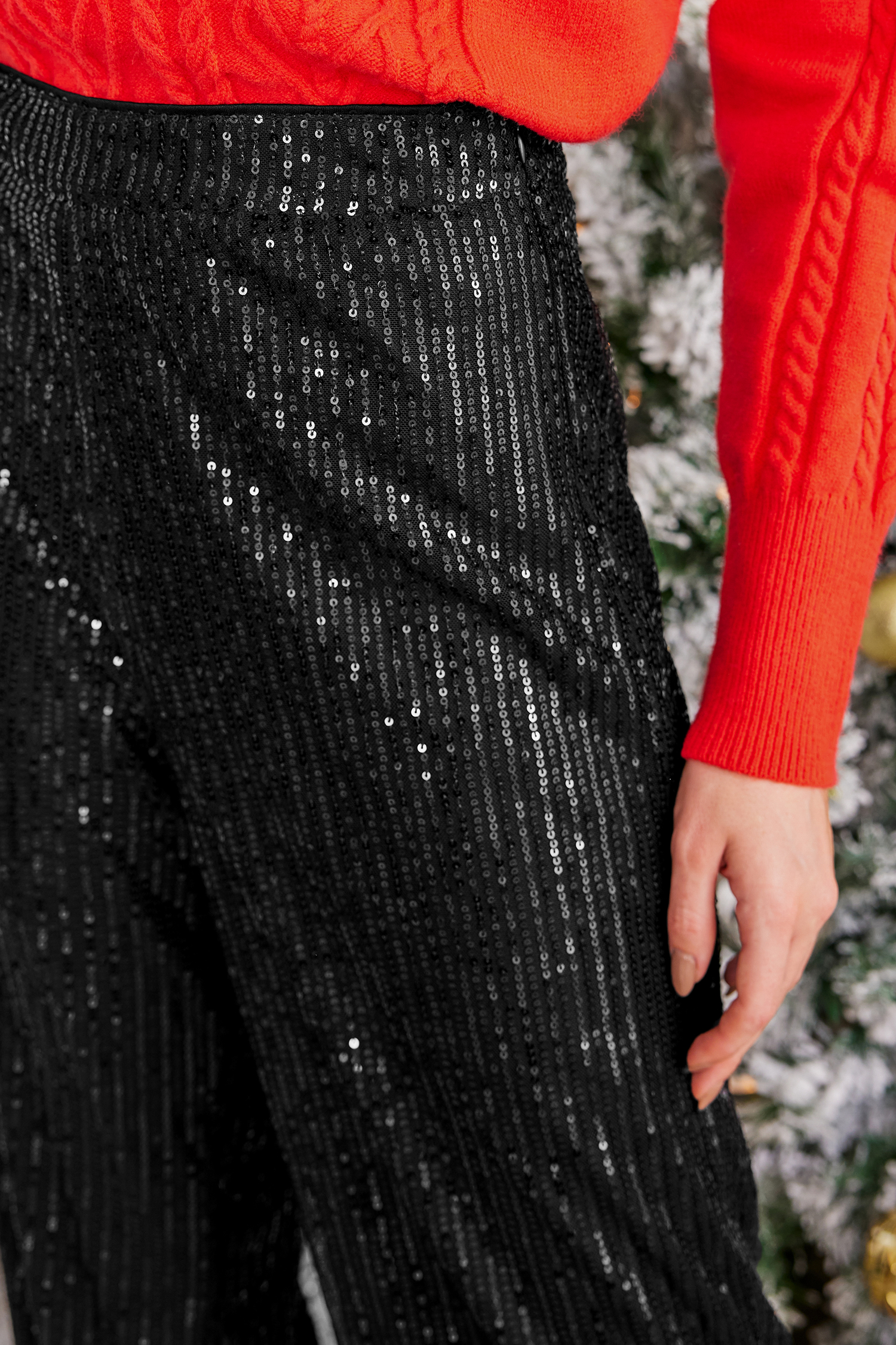 Black Sequins Wide Leg Jersey Pants