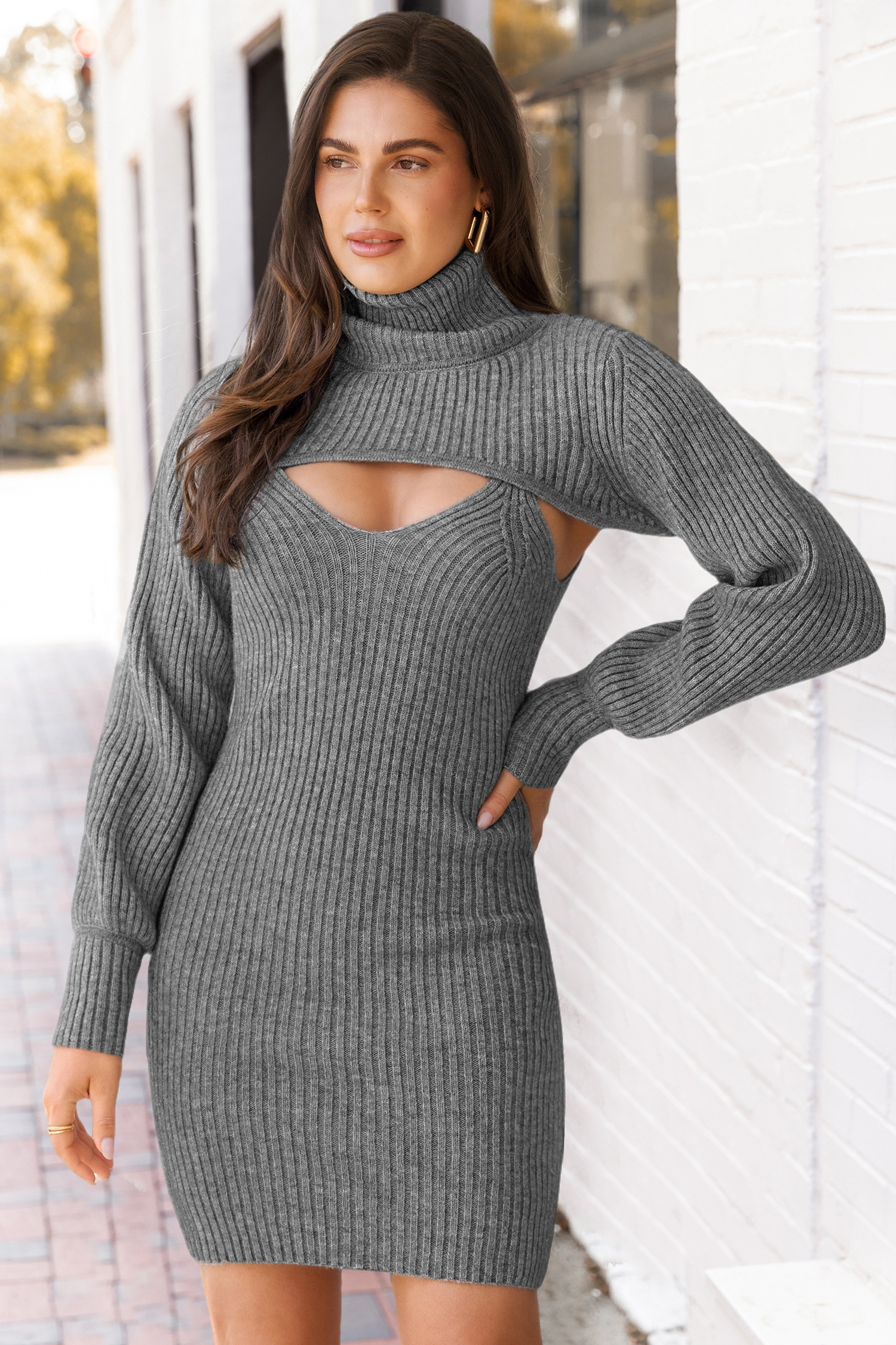 Grey Turtleneck Shrug and Mini Sweater Dress Set