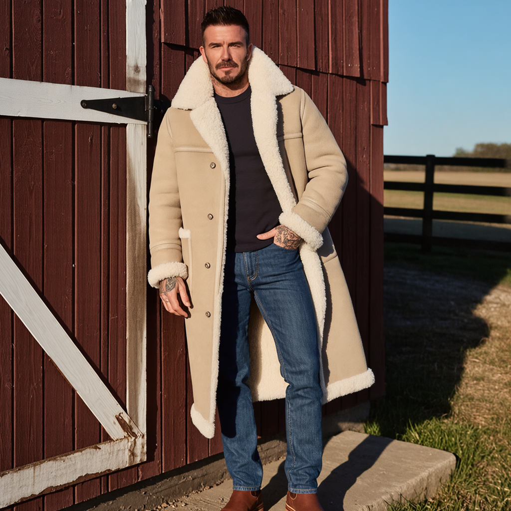 Men's Cozy Winter Style Beige Shearling Coat Outfit