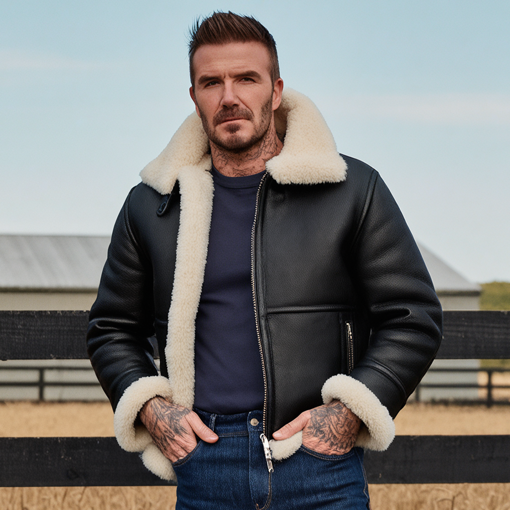 Men's Classic Winter Style: Black Leather Jacket With Shearling Collar