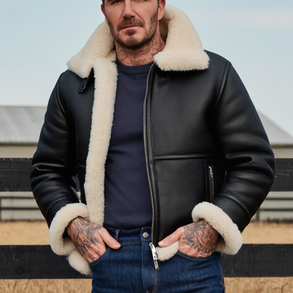 Men's Classic Winter Style: Black Leather Jacket With Shearling Collar