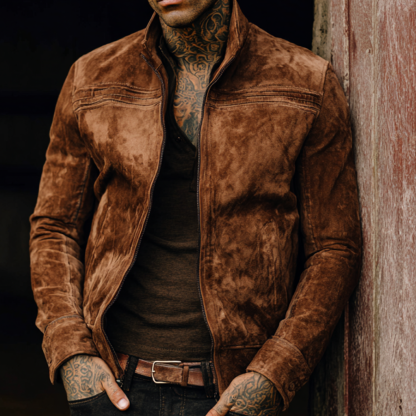 Men's Rustic Brown Suede Jacket With Tattooed Style
