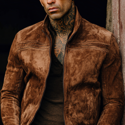 Men's Rustic Brown Suede Jacket With Tattooed Style