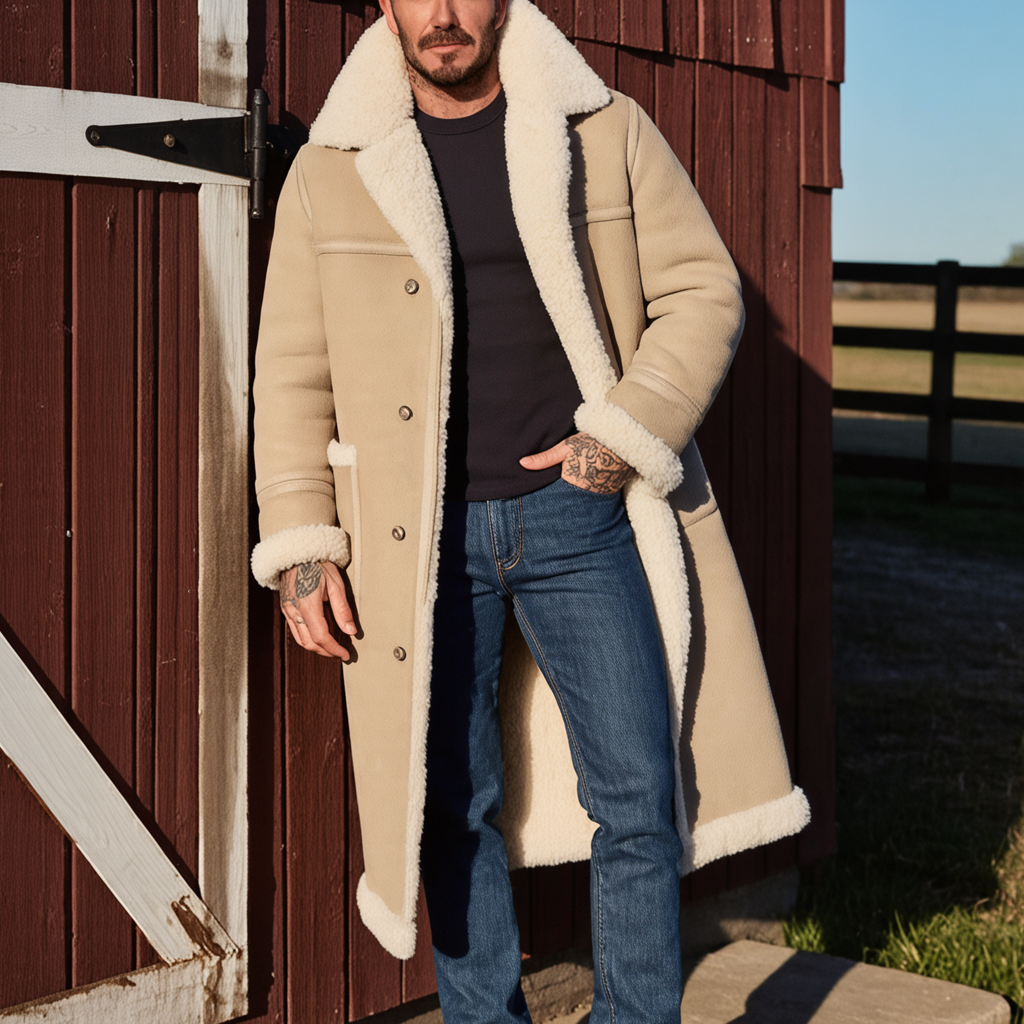 Men's Cozy Winter Style Beige Shearling Coat Outfit