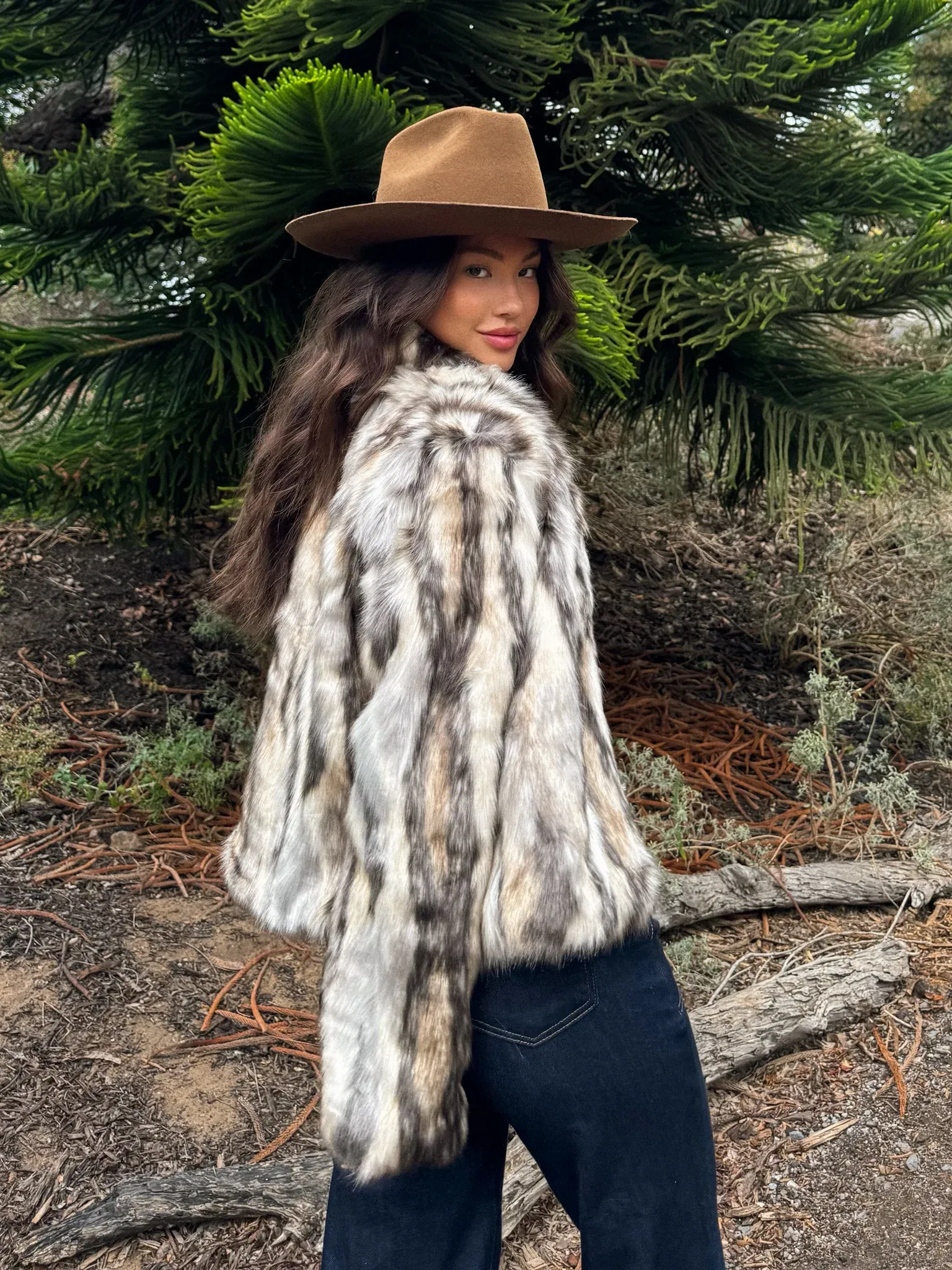 Stripe Mix Color Faux Fur Jacket