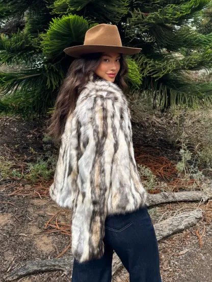 Stripe Mix Color Faux Fur Jacket