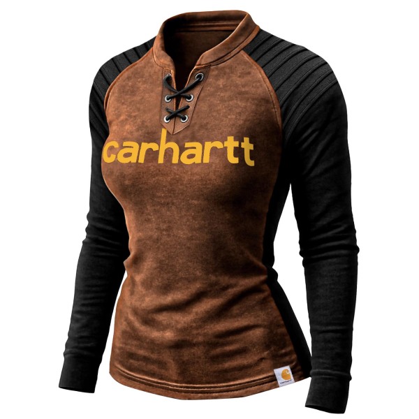 Women's Vintage Western Cowboy Suede Color Block Lace-up Stand Collar Raglan Sleeve Long Sleeve T-Shirt