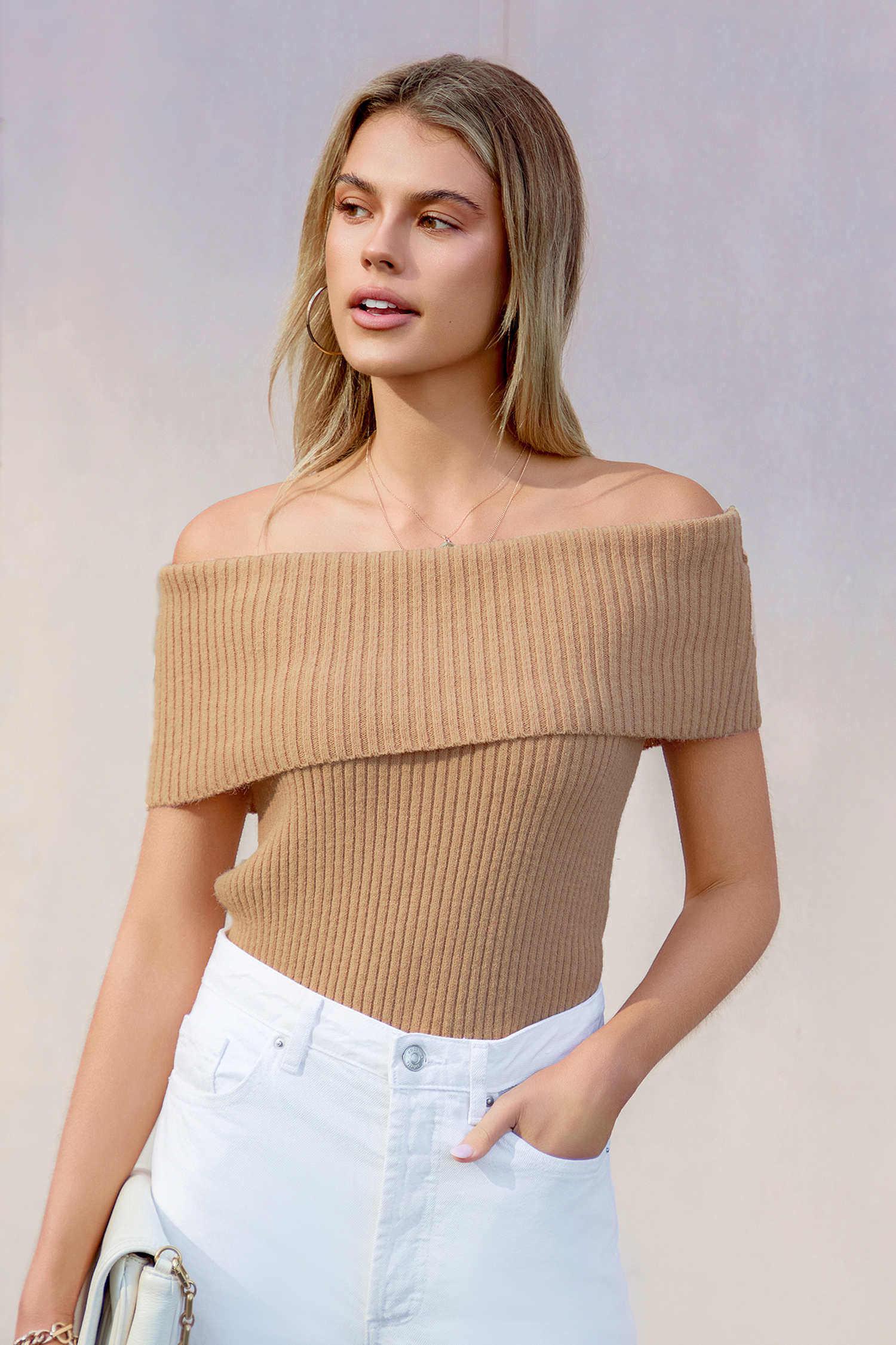 Khaki Ribbed Knit Foldover Off-Shoulder Top