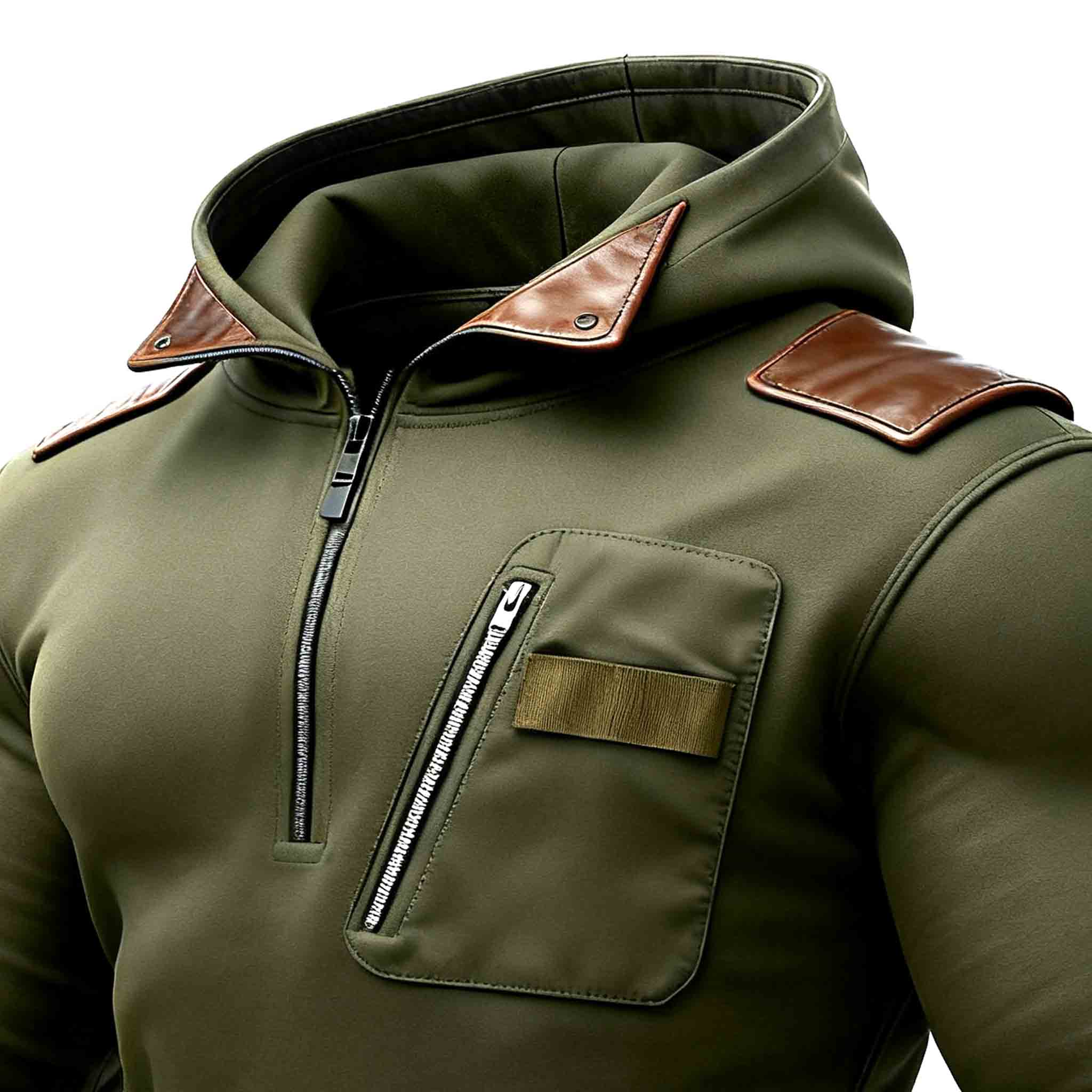 Men's Military Green Leather Paneled Pockets Half Zip Hoodie
