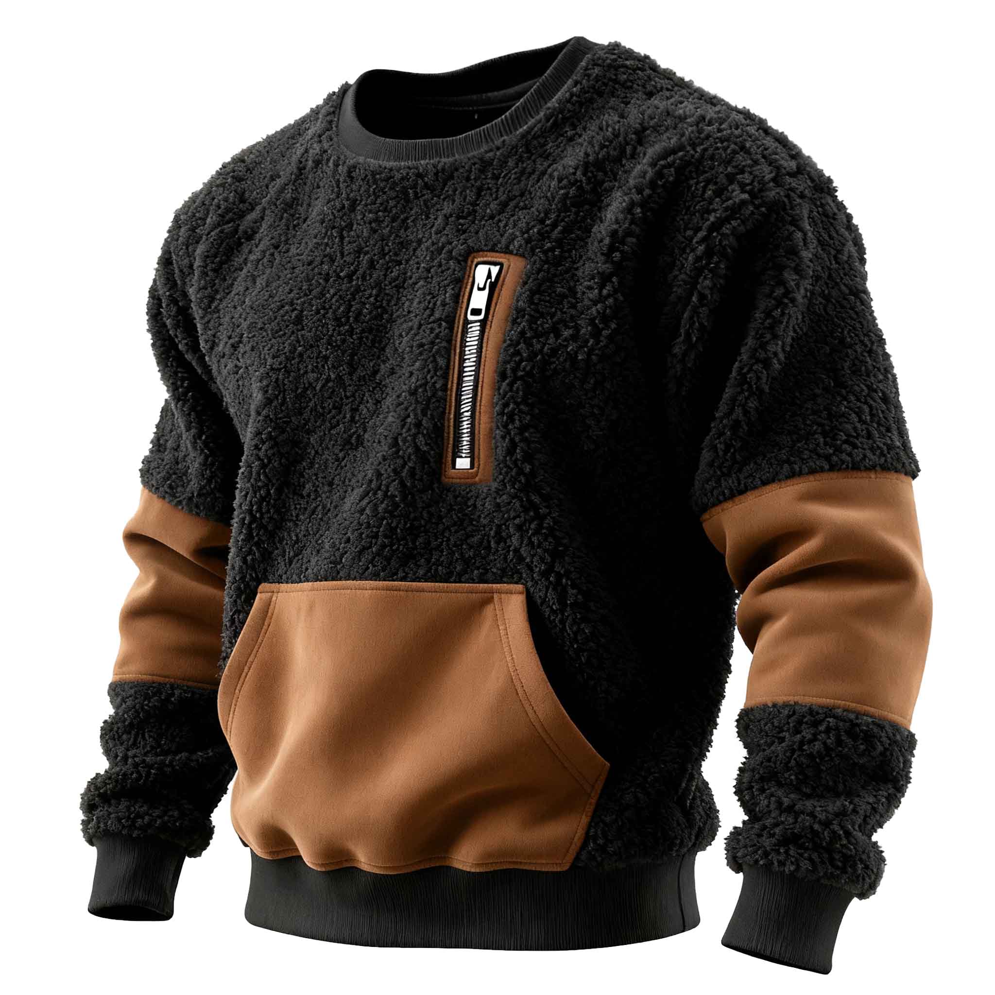 Men's Vintage Black Polar Fleece Contrast Pocket Crewneck Sweatshirt