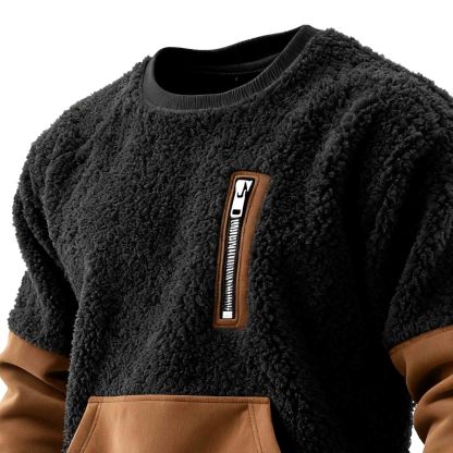 Men's Vintage Black Polar Fleece Contrast Pocket Crewneck Sweatshirt