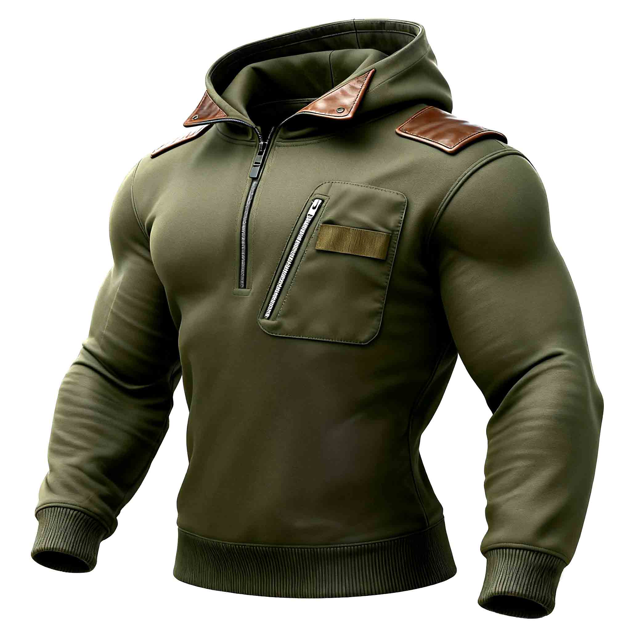Men's Military Green Leather Paneled Pockets Half Zip Hoodie