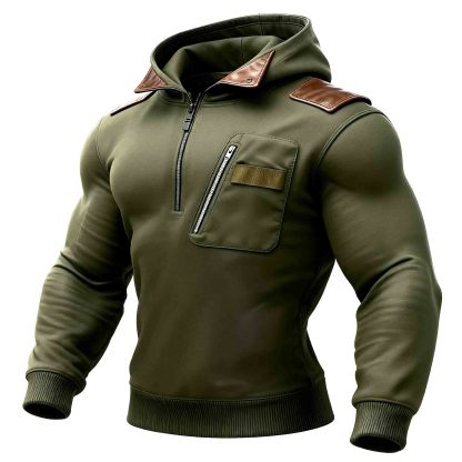 Men's Military Green Leather Paneled Pockets Half Zip Hoodie