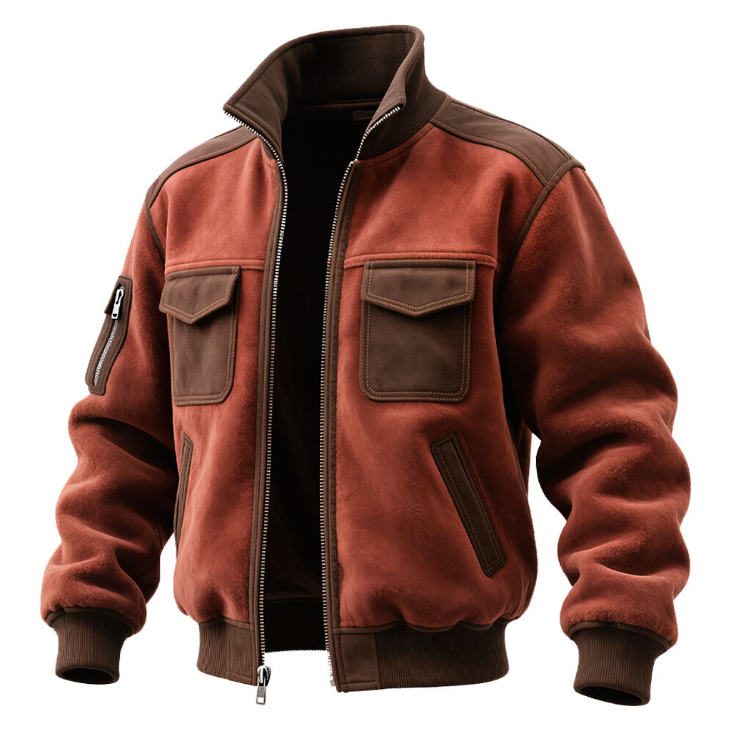 Men's Vintage Brown Suede Jacket With Zipper And Pockets