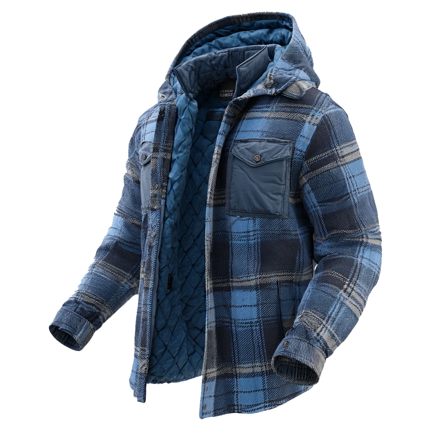 Men's Vintage Blue Plaid Hooded Jacket With Quilted Lining
